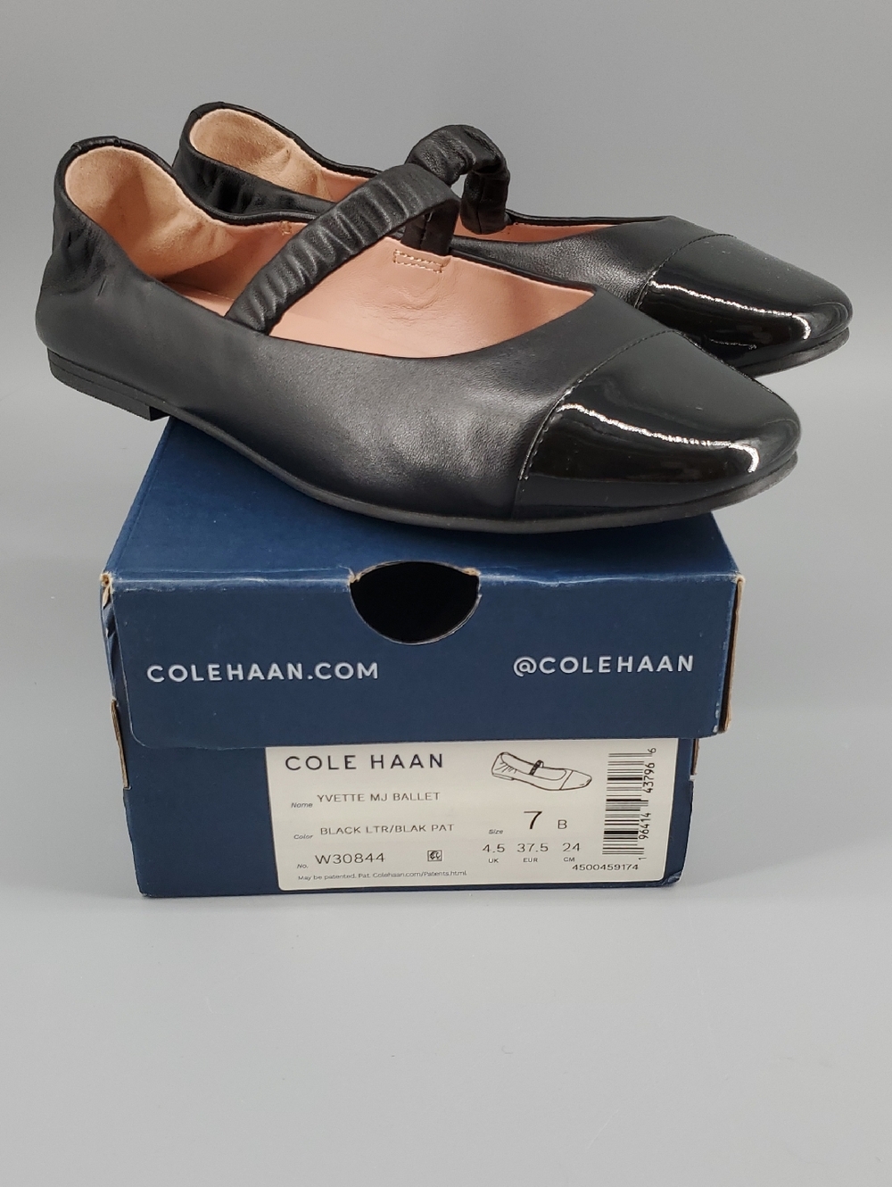 Cole Haan Black Leather Mary Jane Flats with Patent Toe